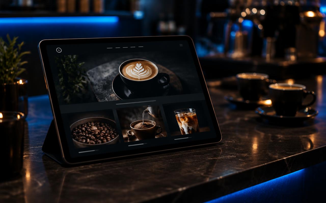 Tablet on a café counter displaying a stylish café website