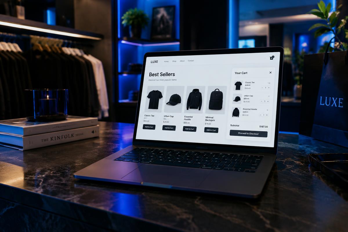 Demo clothing boutique online store shown on a laptop on a shop counter
