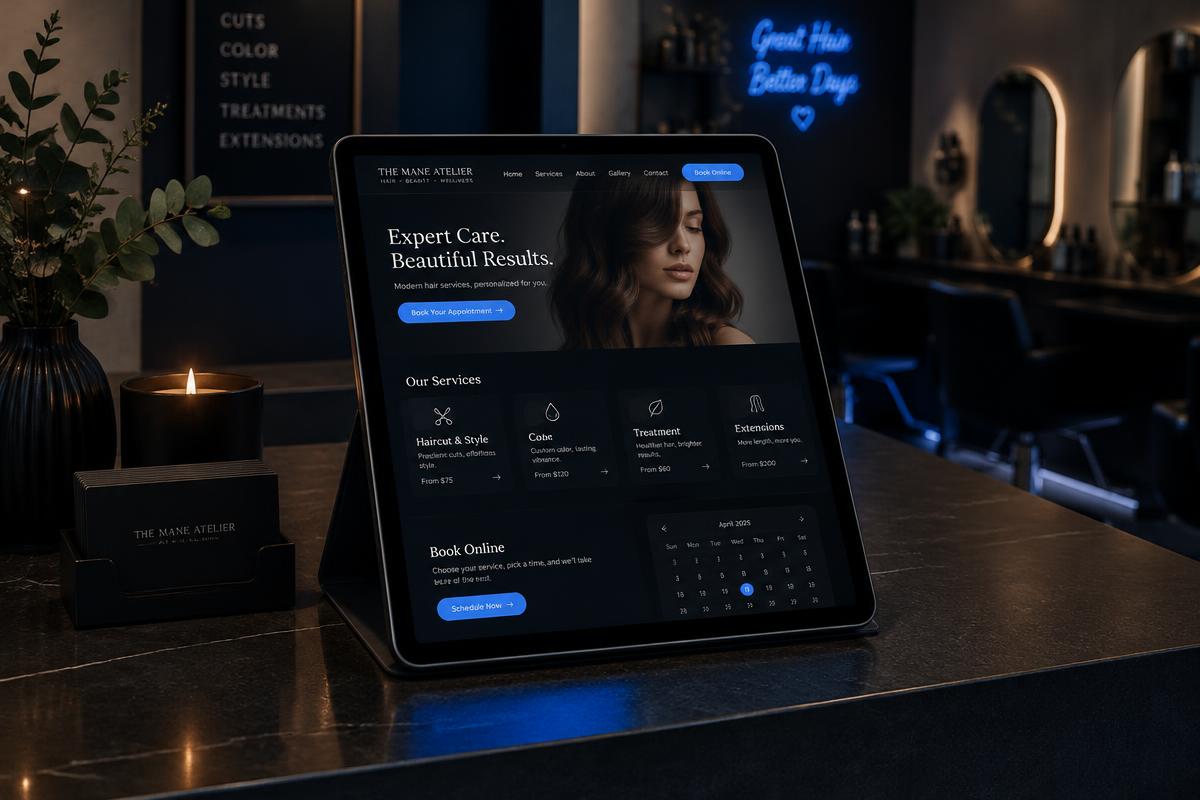 Demo hair salon website shown on a tablet at a salon reception desk
