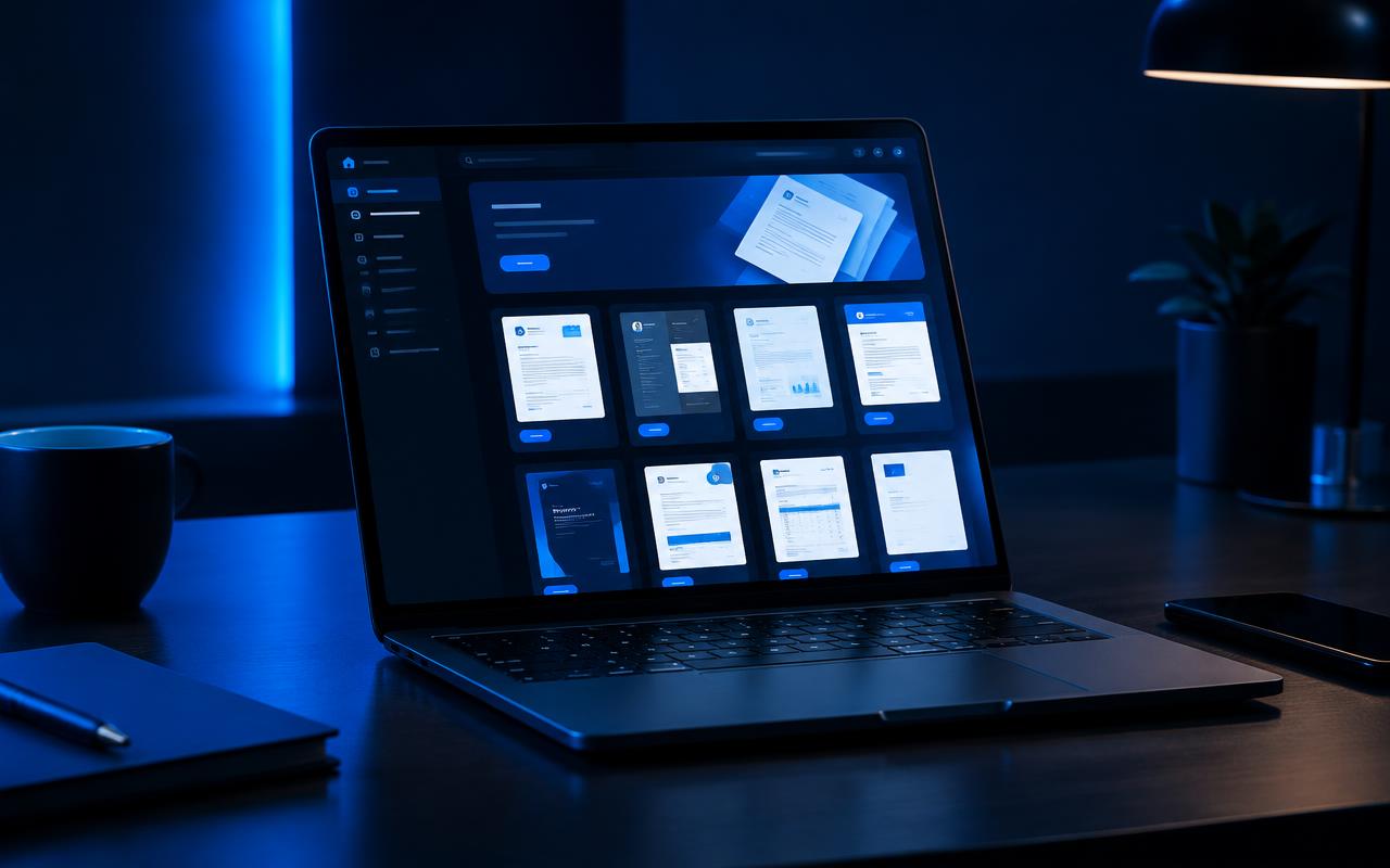Laptop on a dark desk showing an online store of business document templates