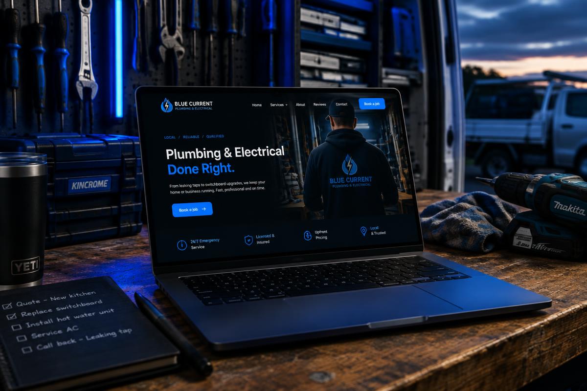 Demo plumbing and electrical website shown on a laptop in a work van